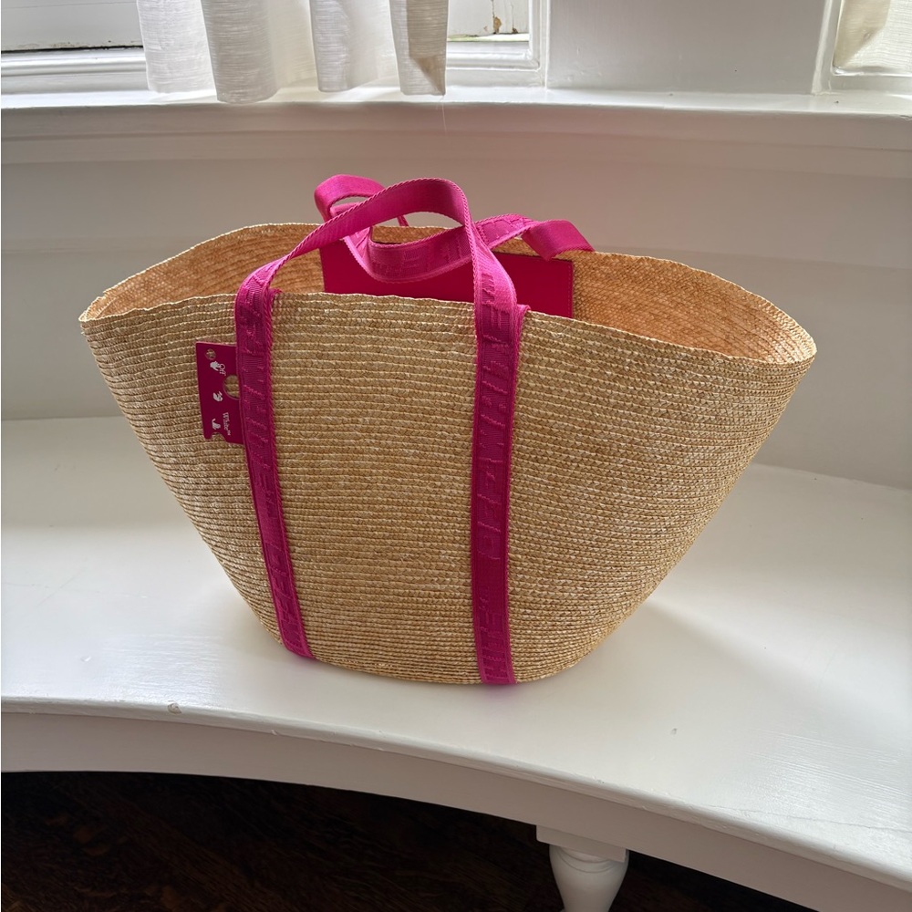 Off White Straw Tote Bag with Pink Handles
